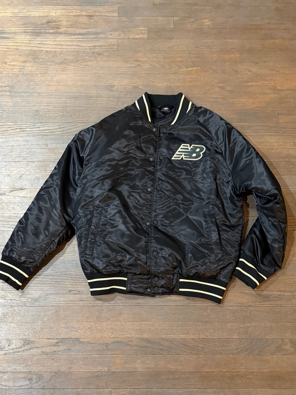New Balance Black Satin Bomber Jacket with Cream Trim